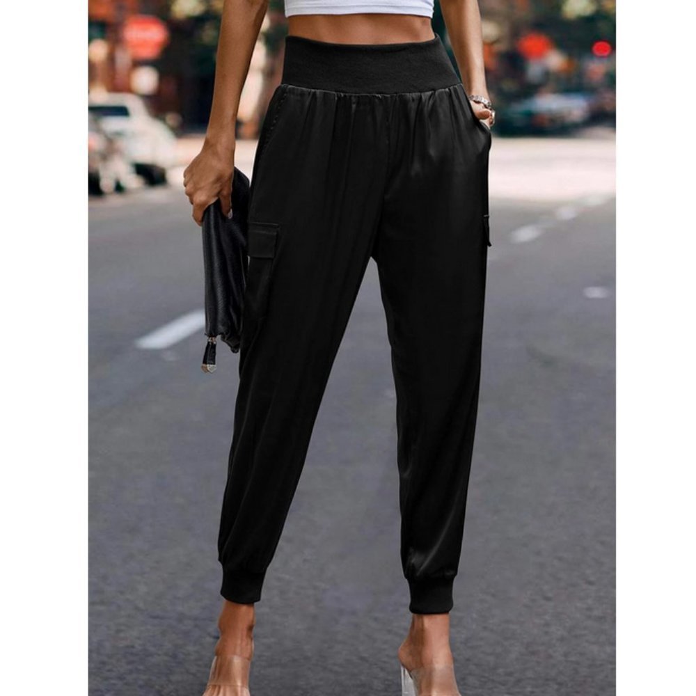 Luxe Look Satin Pocketed High Waist Joggers - Black - Picture 5 of 12